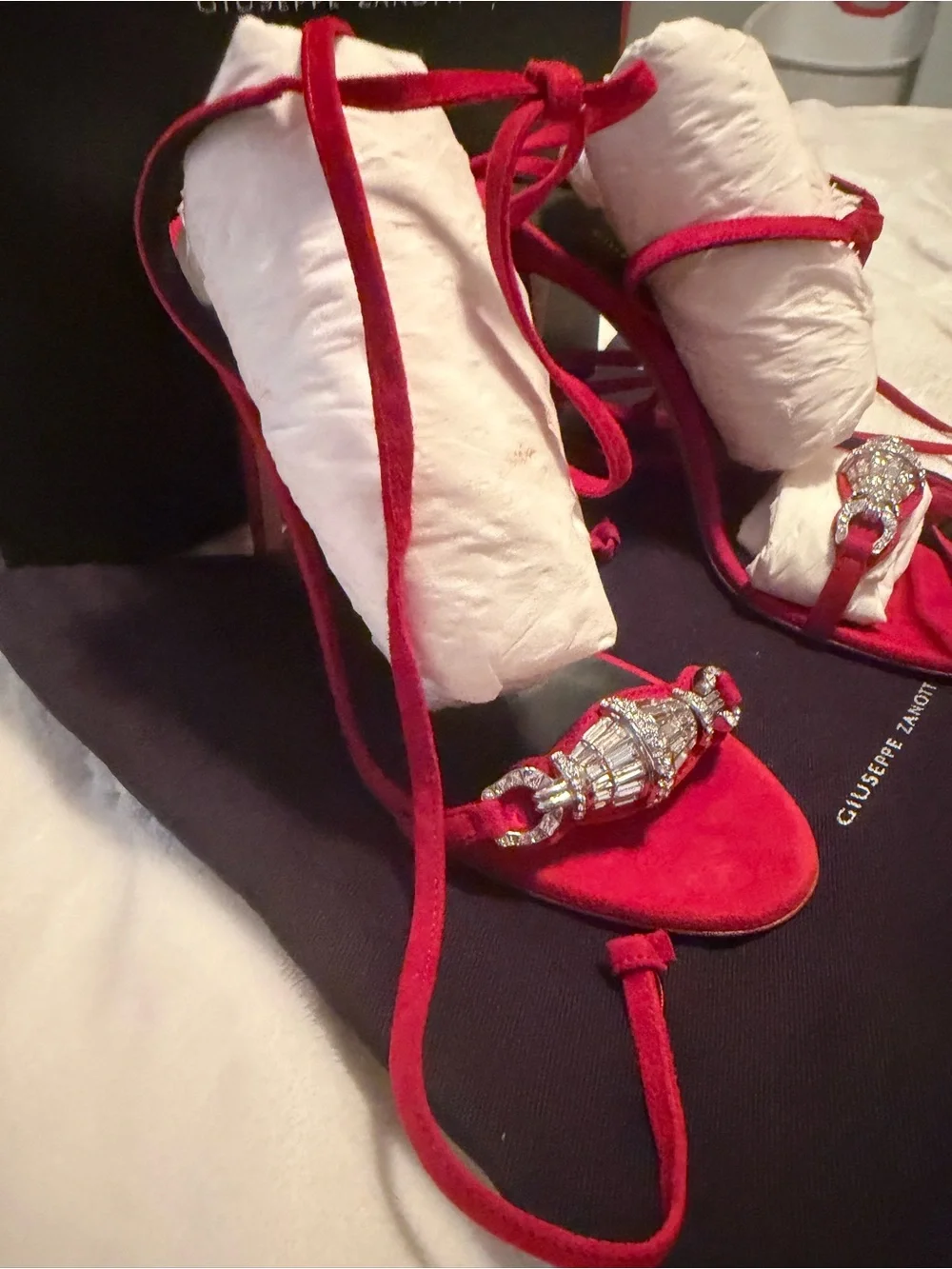 Giuseppe Zanotti Red Suede Crystal-Embellished Lace-Up Heels
